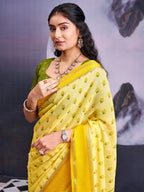 Classic Light Yellow Floral Printed Georgette Saree With Rich Zari Woven Border