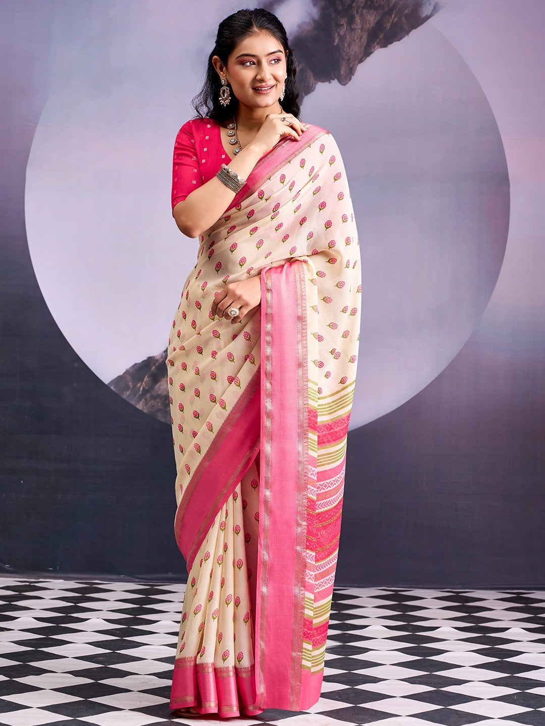 Classic Cream & Pink Floral Printed Georgette Saree With Rich Zari Woven Border