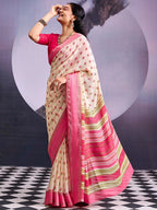 Classic Cream & Pink Floral Printed Georgette Saree With Rich Zari Woven Border