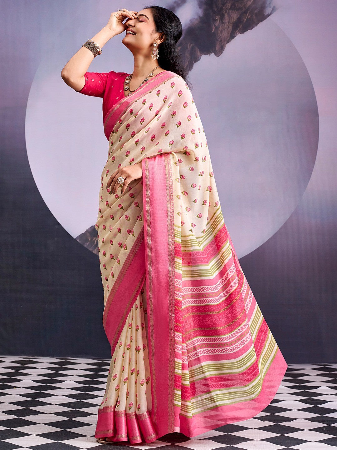 Classic Cream & Pink Floral Printed Georgette Saree With Rich Zari Woven Border