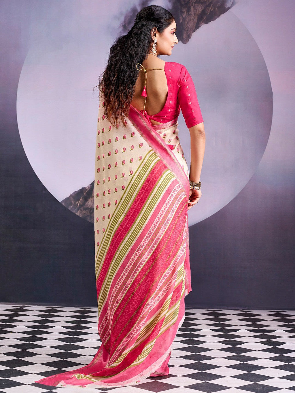 Classic Cream & Pink Floral Printed Georgette Saree With Rich Zari Woven Border