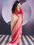 Classic Cream & Pink Floral Printed Georgette Saree With Rich Zari Woven Border
