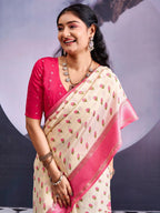 Classic Cream & Pink Floral Printed Georgette Saree With Rich Zari Woven Border