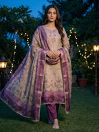 Beige & Purple Floral Printed Linen Dress Material with Embroidery