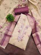 Beige & Purple Floral Printed Linen Dress Material with Embroidery