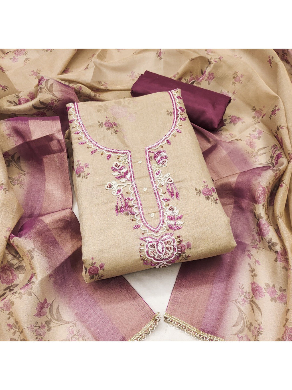 Beige & Purple Floral Printed Linen Dress Material with Embroidery