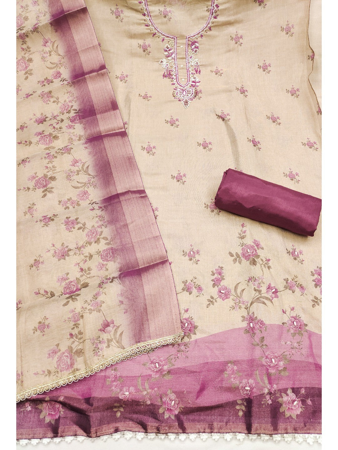 Beige & Purple Floral Printed Linen Dress Material with Embroidery