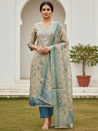 Beige & Blue Floral Printed Linen Dress Material with Embroidery