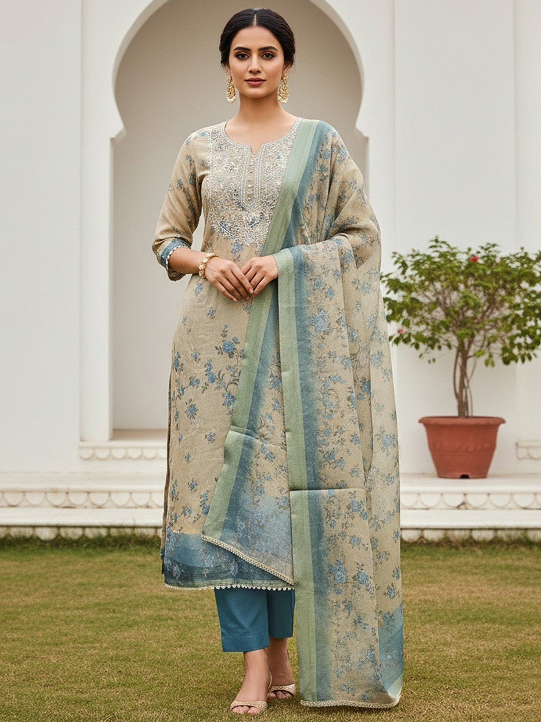 Beige & Blue Floral Printed Linen Dress Material with Embroidery