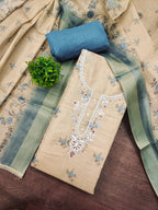 Beige & Blue Floral Printed Linen Dress Material with Embroidery