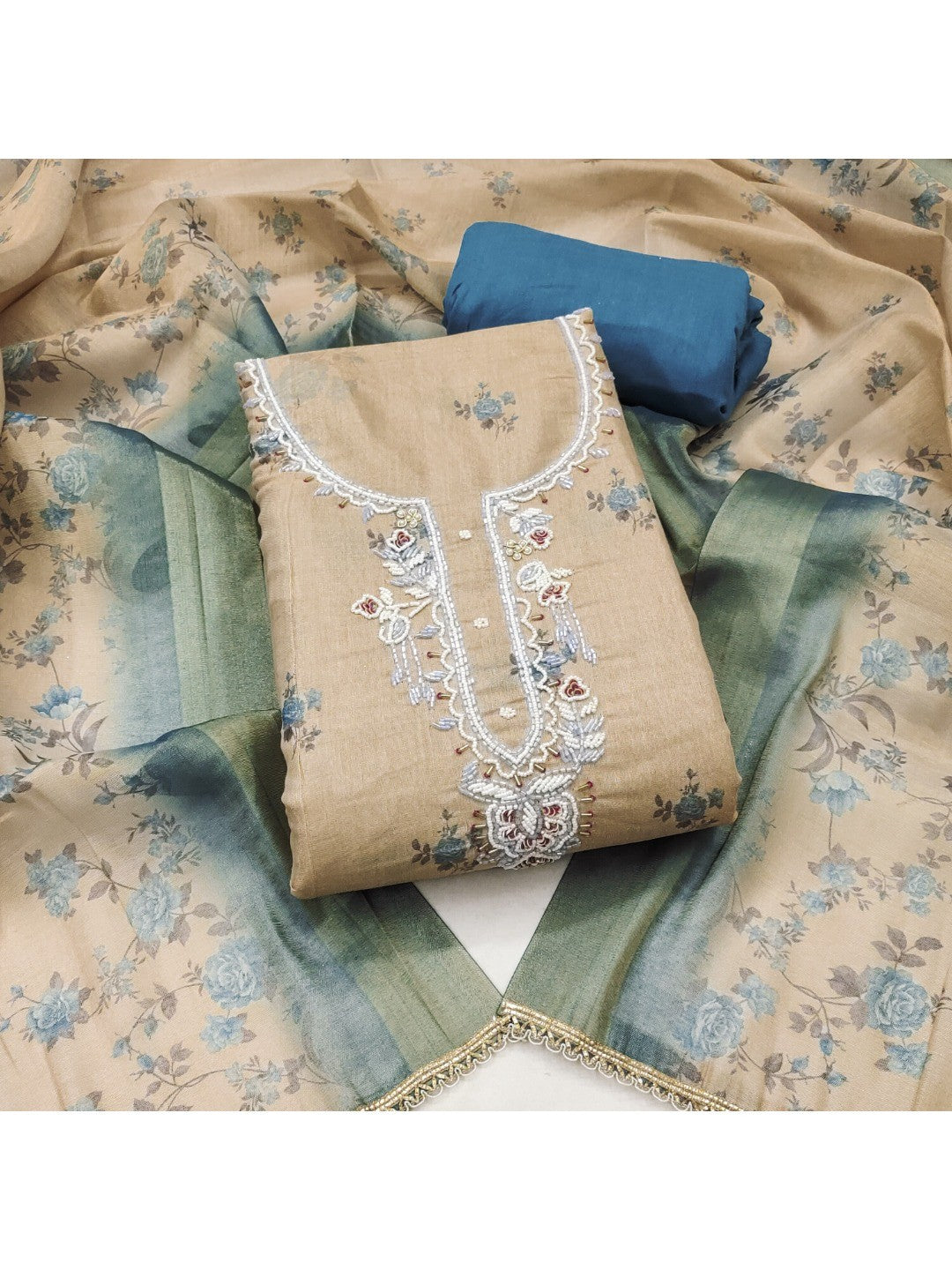 Beige & Blue Floral Printed Linen Dress Material with Embroidery