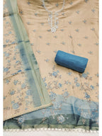 Beige & Blue Floral Printed Linen Dress Material with Embroidery