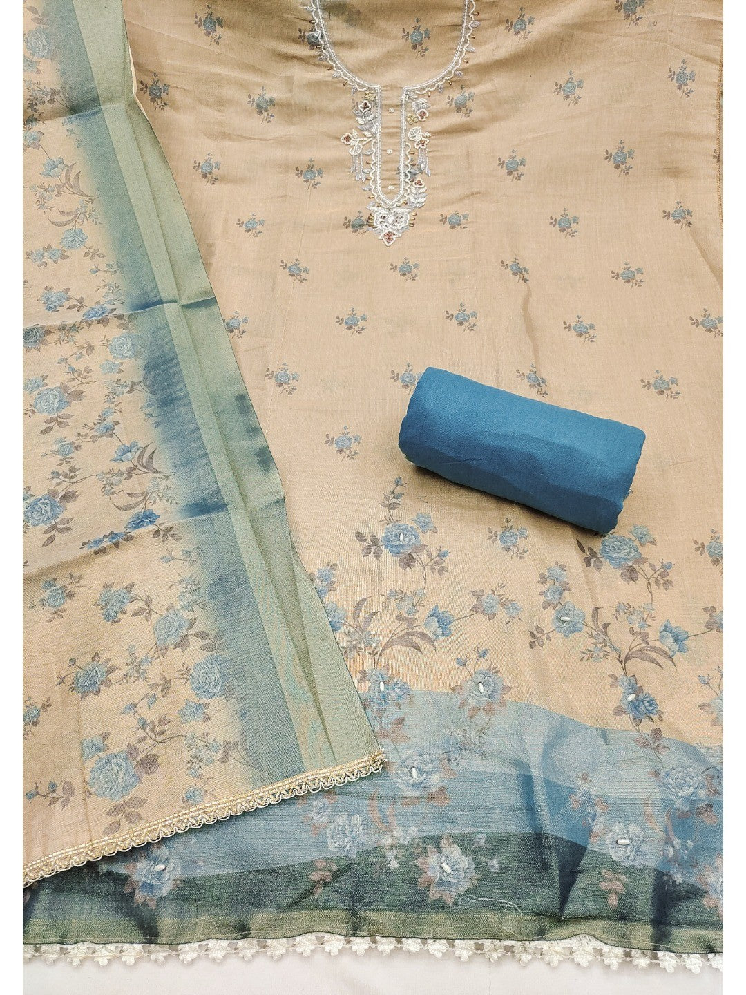 Beige & Blue Floral Printed Linen Dress Material with Embroidery