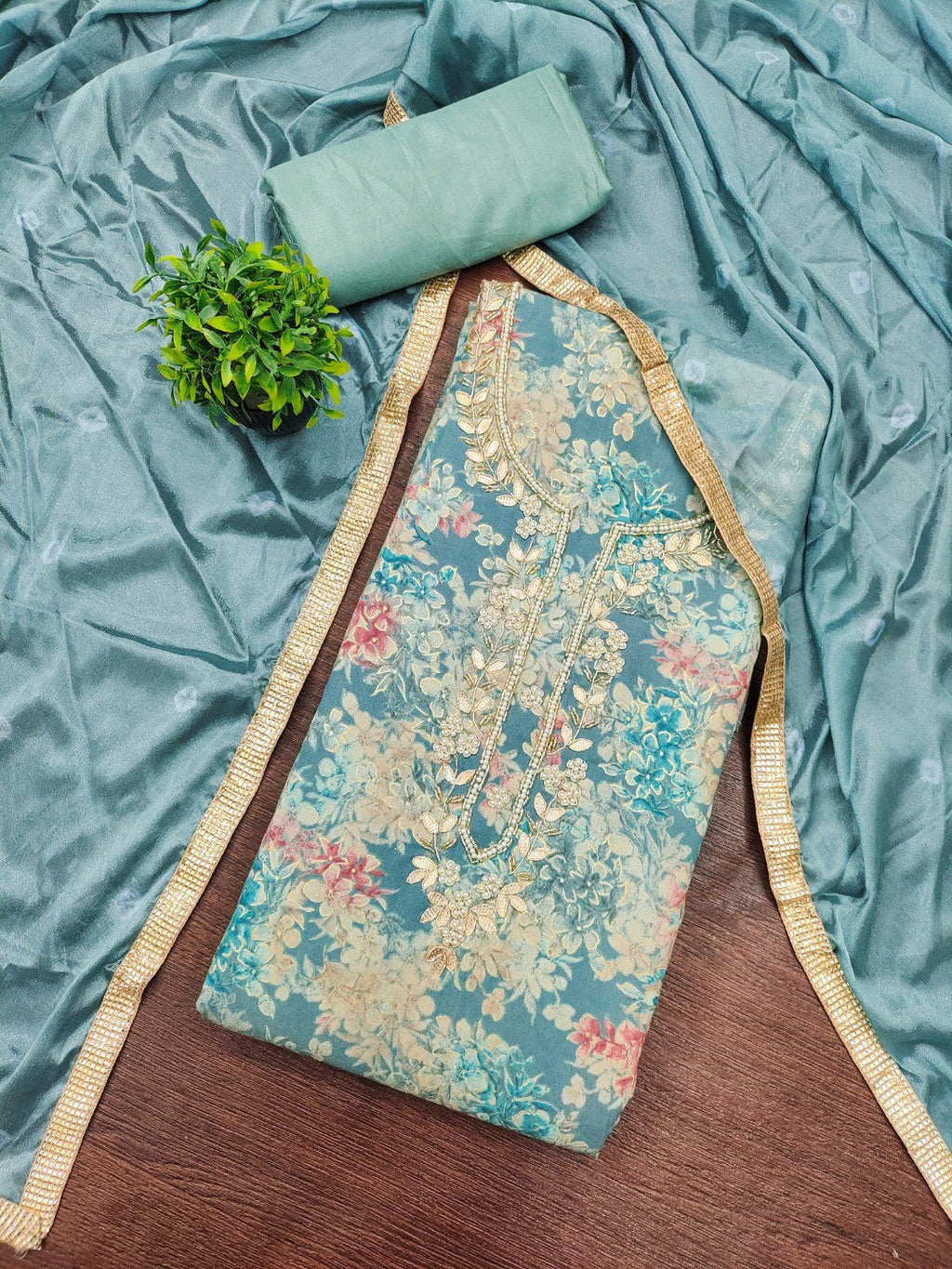 Teal Floral Chanderi Silk Dress Material with Gold Embellishments