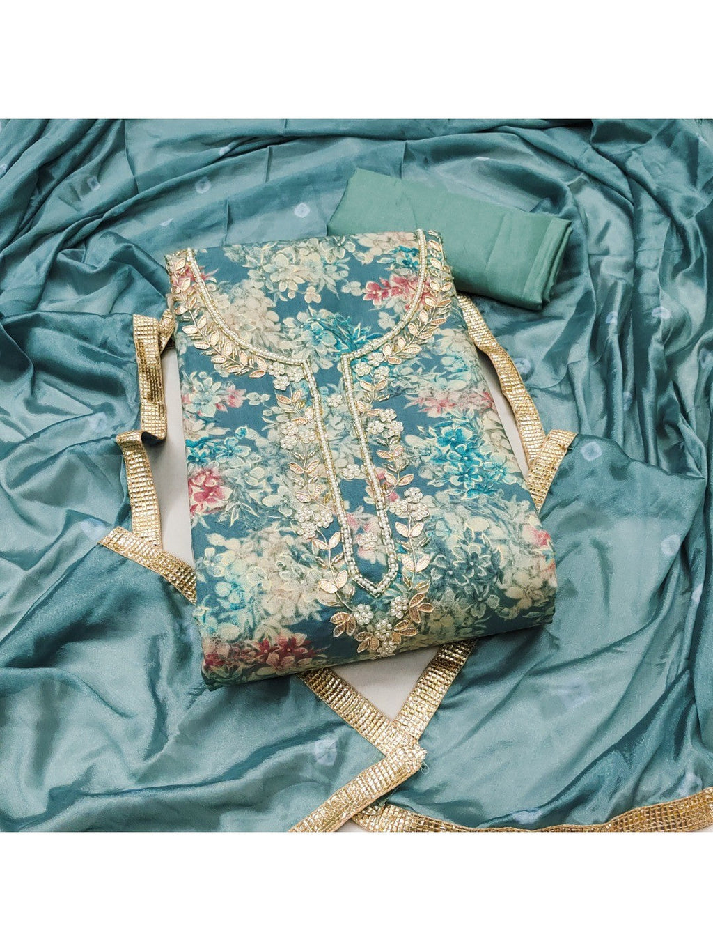 Teal Floral Chanderi Silk Dress Material with Gold Embellishments
