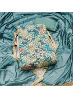 Teal Floral Chanderi Silk Dress Material with Gold Embellishments