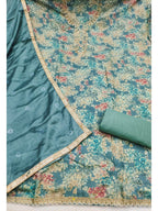 Teal Floral Chanderi Silk Dress Material with Gold Embellishments