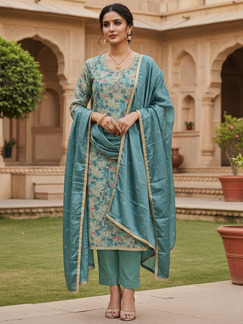Teal Floral Chanderi Silk Dress Material with Gold Embellishments
