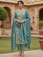 Teal Floral Chanderi Silk Dress Material with Gold Embellishments