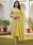 Yellow Floral Chanderi Silk Dress Material with Gold Embellishments