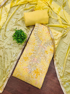 Yellow Floral Chanderi Silk Dress Material with Gold Embellishments