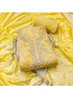 Yellow Floral Chanderi Silk Dress Material with Gold Embellishments