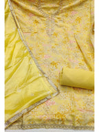 Yellow Floral Chanderi Silk Dress Material with Gold Embellishments