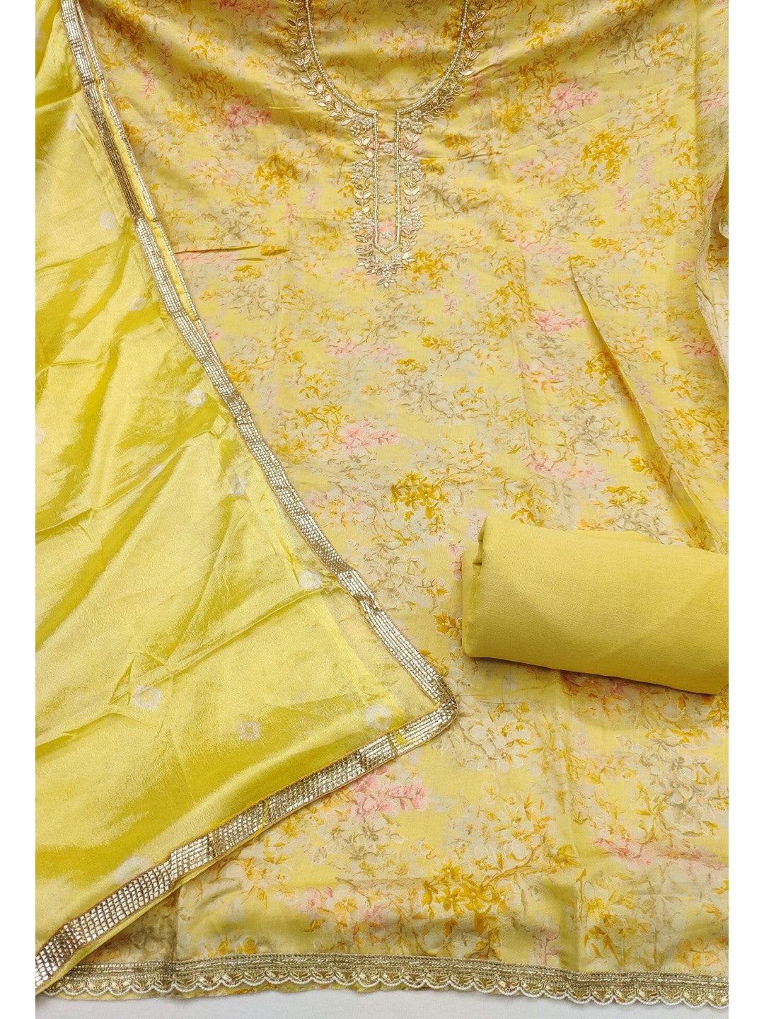 Yellow Floral Chanderi Silk Dress Material with Gold Embellishments