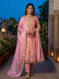 Baby Pink Floral Chanderi Silk Dress Material with Gold Embellishments