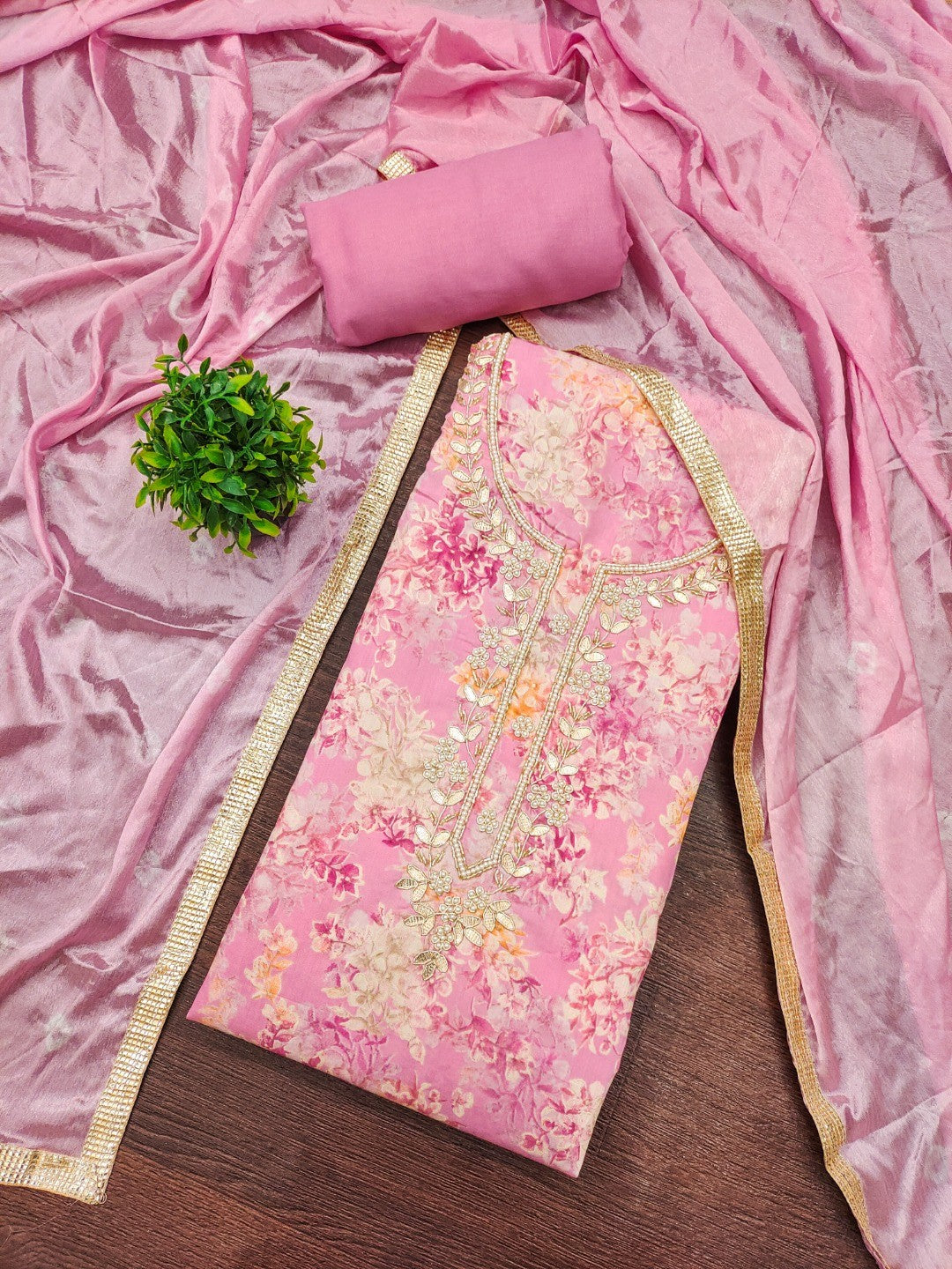 Baby Pink Floral Chanderi Silk Dress Material with Gold Embellishments