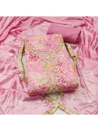 Baby Pink Floral Chanderi Silk Dress Material with Gold Embellishments