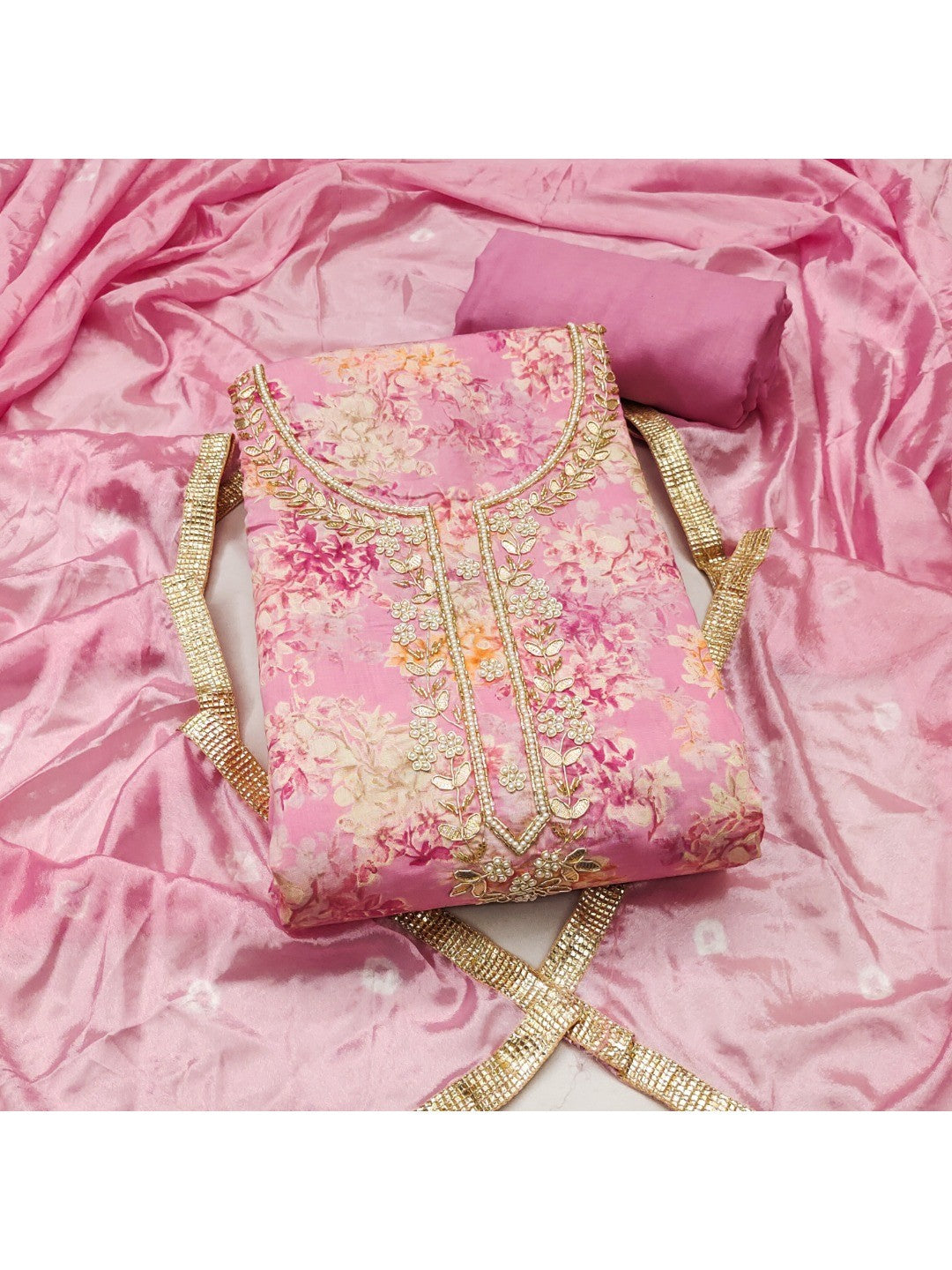 Baby Pink Floral Chanderi Silk Dress Material with Gold Embellishments