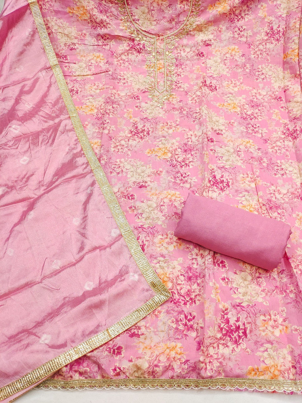 Baby Pink Floral Chanderi Silk Dress Material with Gold Embellishments