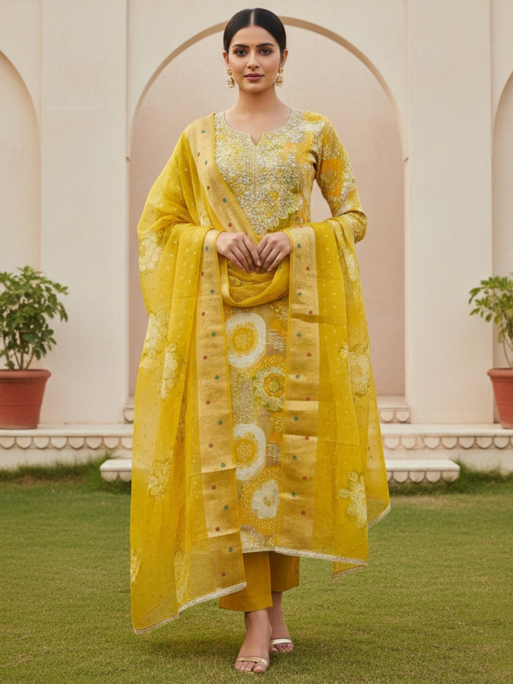 Mustard Floral Print Chanderi Silk Dress Material with Dupatta