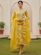 Mustard Floral Print Chanderi Silk Dress Material with Dupatta