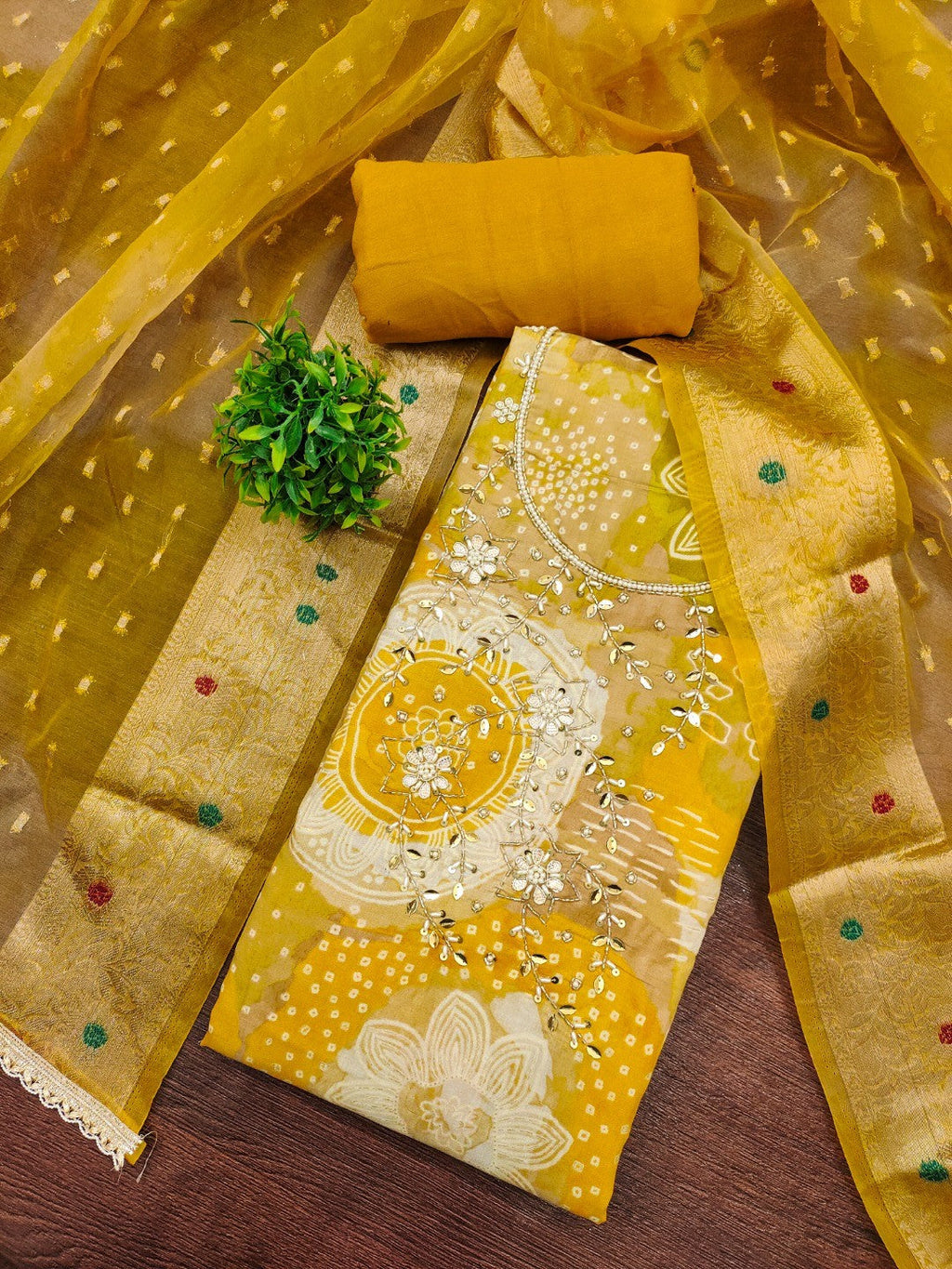 Mustard Floral Print Chanderi Silk Dress Material with Dupatta