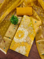Mustard Floral Print Chanderi Silk Dress Material with Dupatta