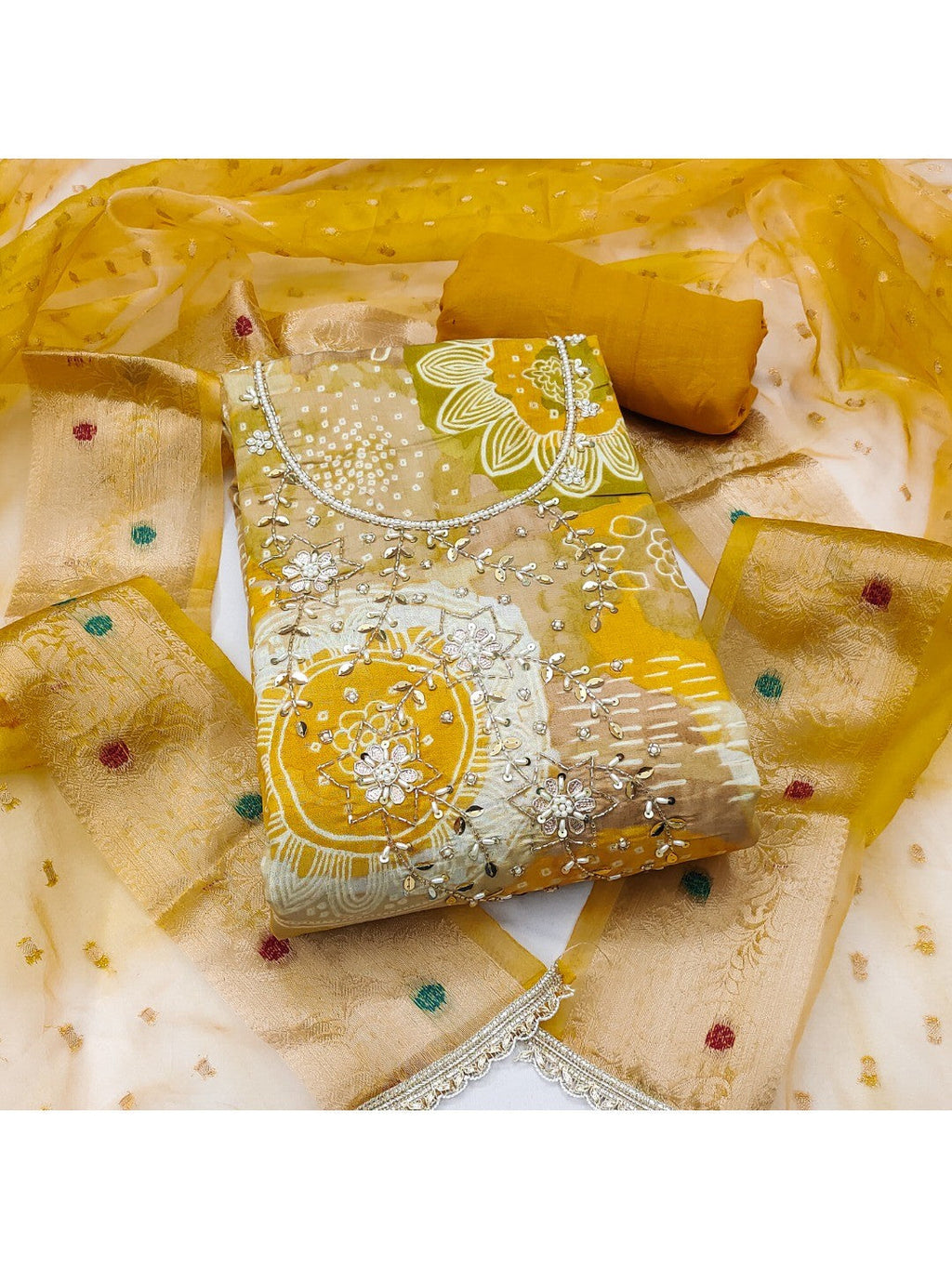 Mustard Floral Print Chanderi Silk Dress Material with Dupatta