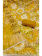 Mustard Floral Print Chanderi Silk Dress Material with Dupatta
