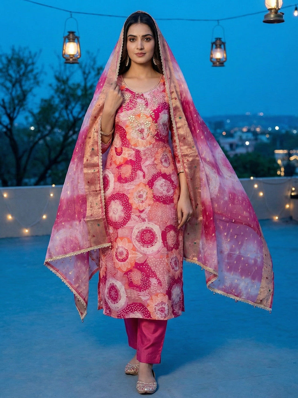 Pink Floral Print Chanderi Silk Dress Material with Dupatta