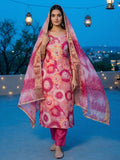 Pink Floral Print Chanderi Silk Dress Material with Dupatta