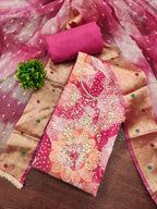 Pink Floral Print Chanderi Silk Dress Material with Dupatta