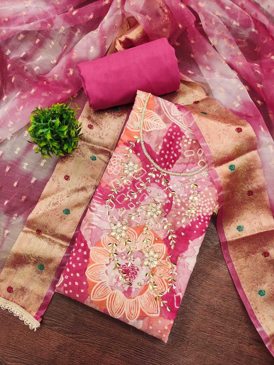 Pink Floral Print Chanderi Silk Dress Material with Dupatta
