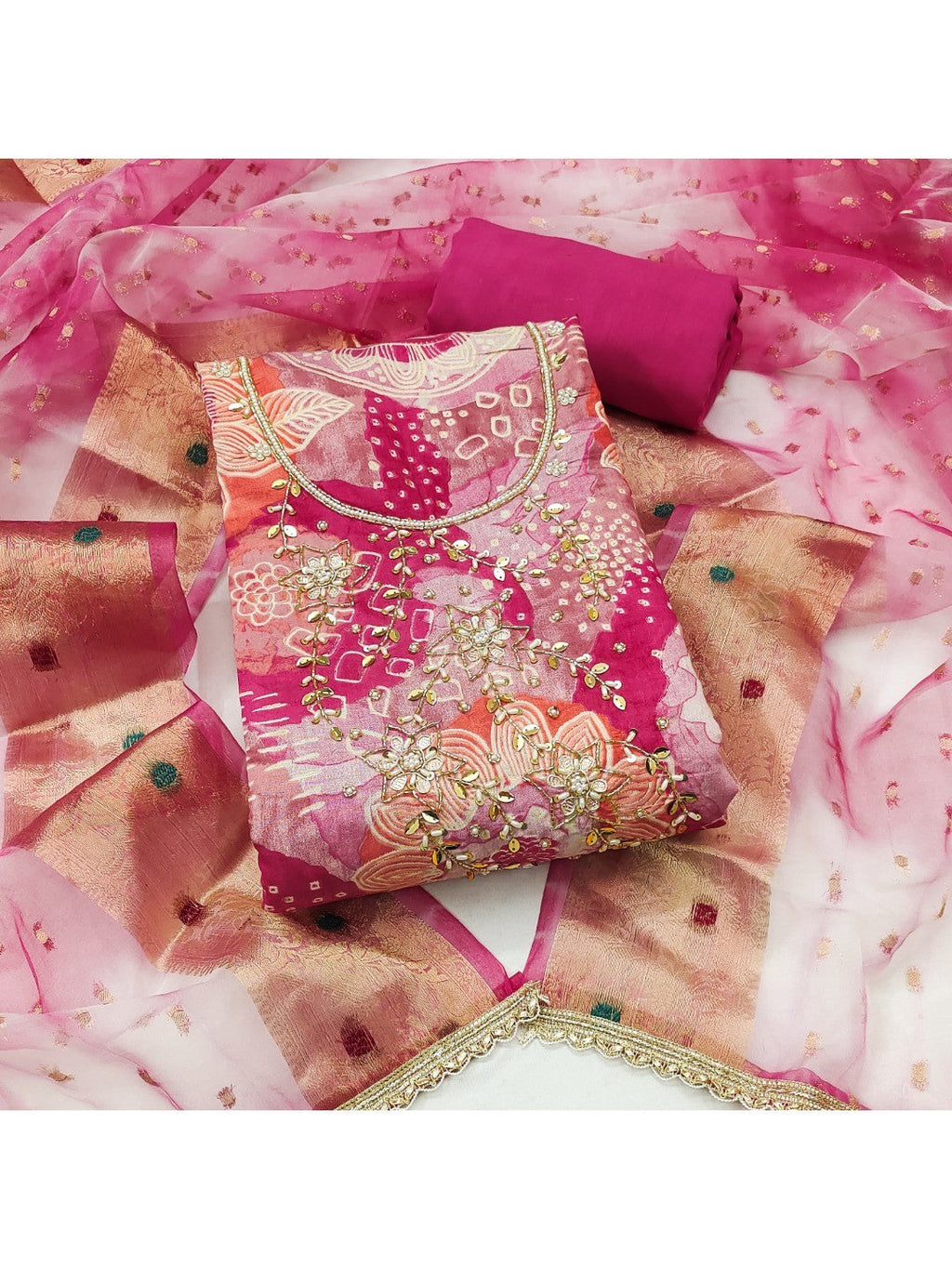 Pink Floral Print Chanderi Silk Dress Material with Dupatta