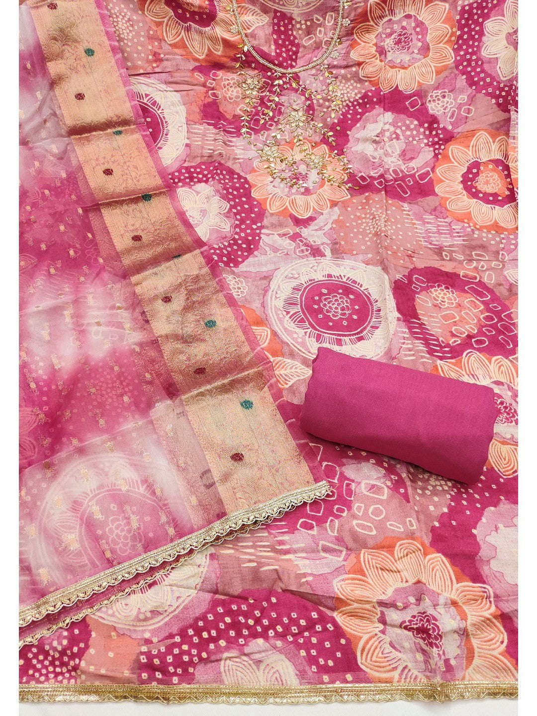 Pink Floral Print Chanderi Silk Dress Material with Dupatta