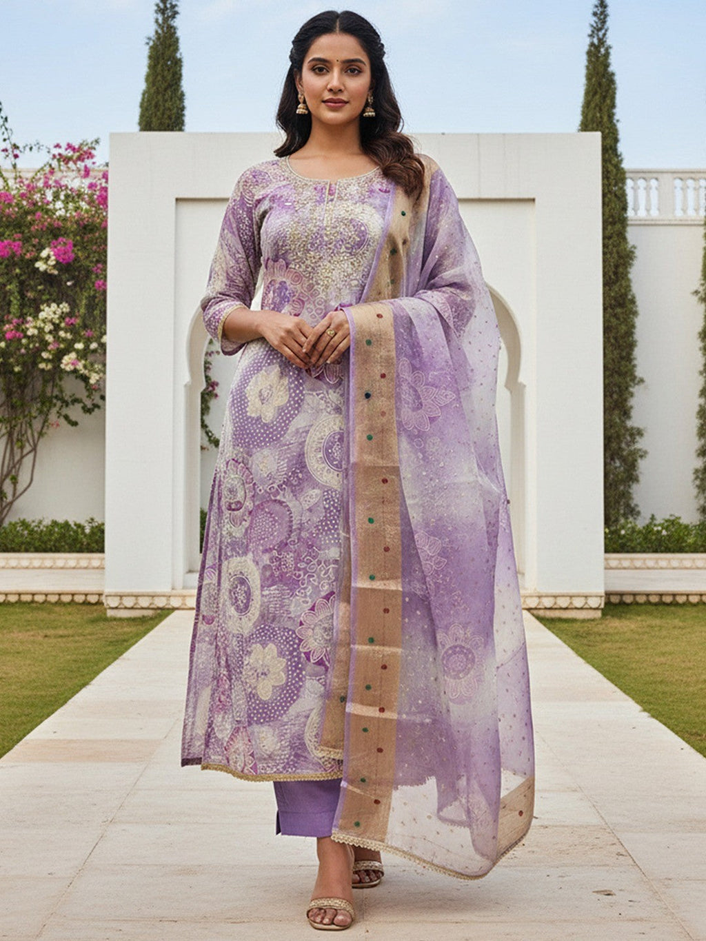 Lavender Floral Print Chanderi Silk Dress Material with Dupatta
