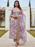 Lavender Floral Print Chanderi Silk Dress Material with Dupatta