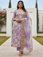 Lavender Floral Print Chanderi Silk Dress Material with Dupatta