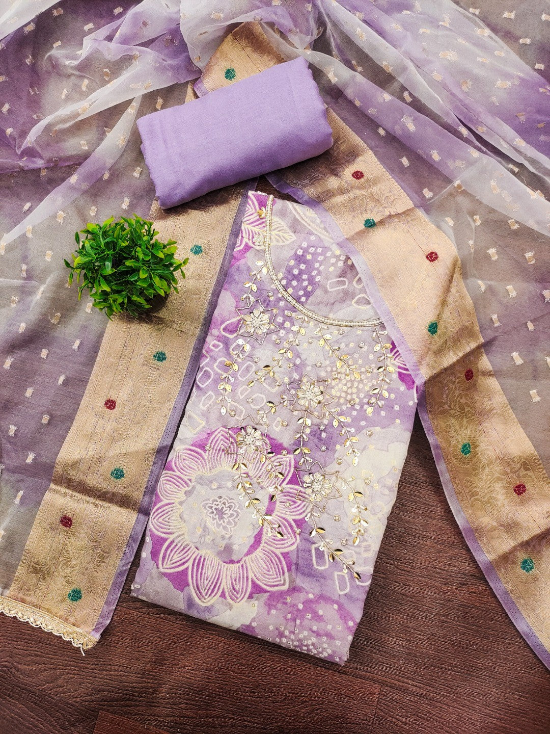 Lavender Floral Print Chanderi Silk Dress Material with Dupatta