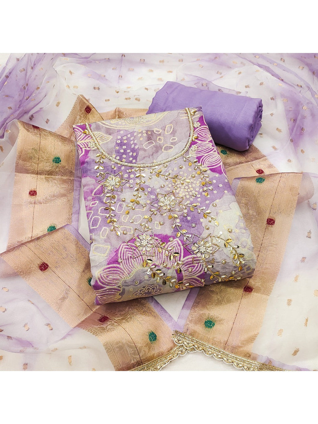 Lavender Floral Print Chanderi Silk Dress Material with Dupatta